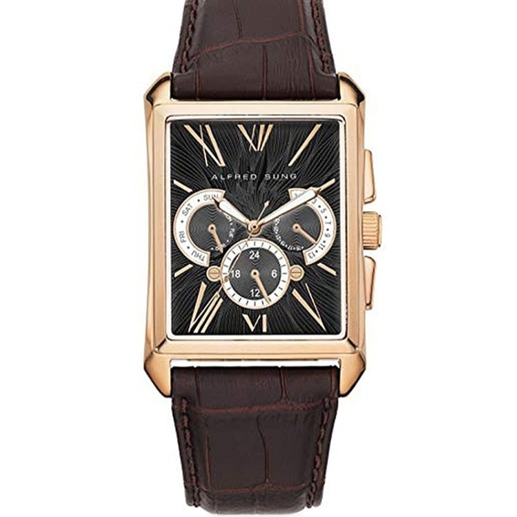 Alfred Sung ION Plated Rose Gold Japanese Movement Watch with Brown Gen - Picture 4 of 7